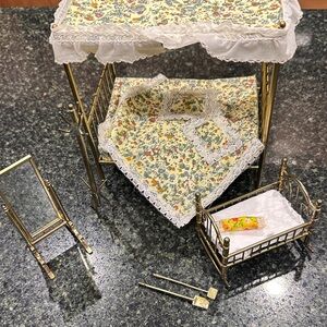 Miniature Dollhouse Furniture Set brass Floral Bedding canopy bed cradle mirror